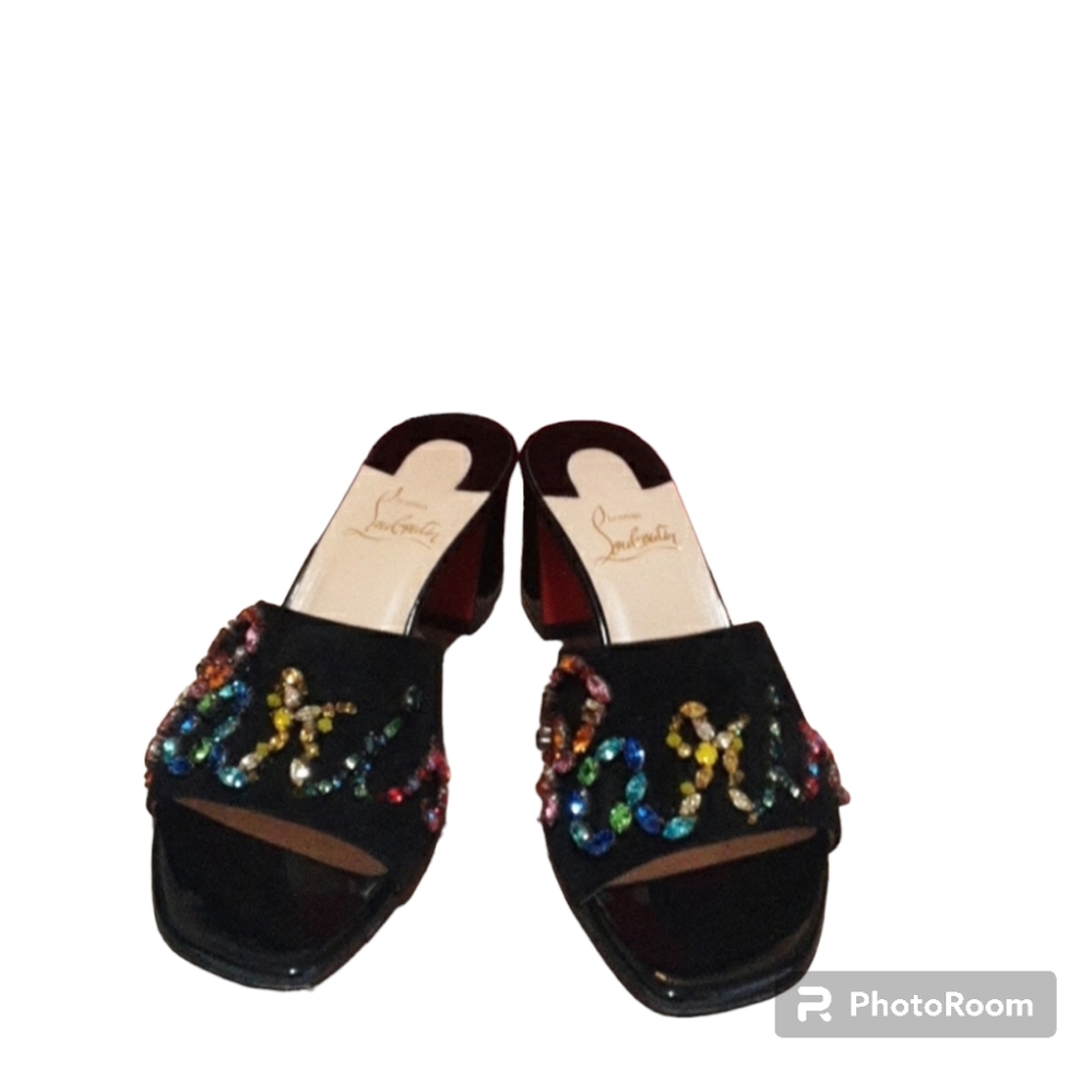 Christian Louboutin  Black Dear Paris 55 Crystal Beaded Chunk Heeled Sandals - Picture 2 of 11